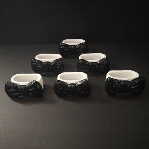 Vintage 1980's Genuine Bone China Black Bow w/ White Napkin Rings Set of 6